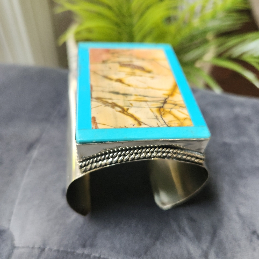 Jasper And Turquoise Silvertone Cuff